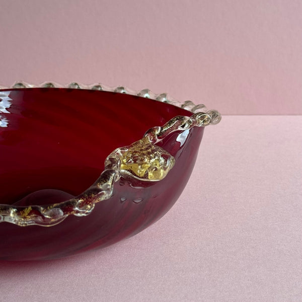 Vintage Mid-Century Murano Glass Bowl Red with gold speckles