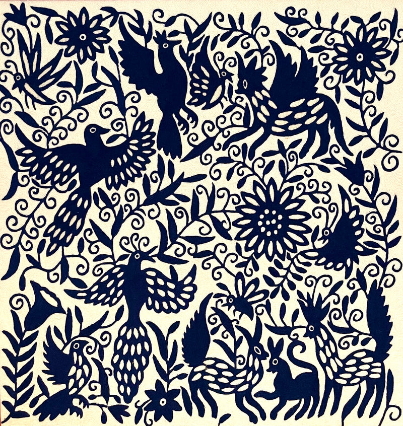Chainstitch Mexican Otomi style tapestry ~ Blue & White