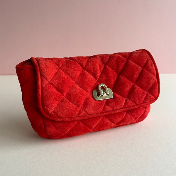 The Confetti Clutch ~ Coral Red Suede and Hermès Quarre ‘Saut D'obstacles’