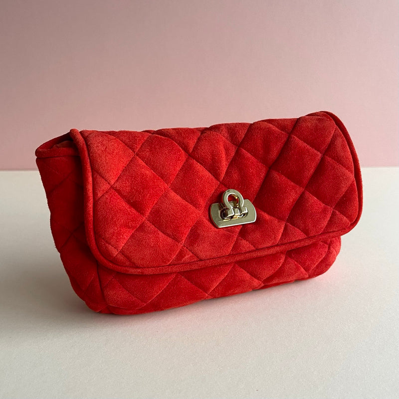 The Confetti Clutch ~ Coral Red Suede and Hermès Quarre ‘Saut D'obstacles’ - The Jungle Emporium