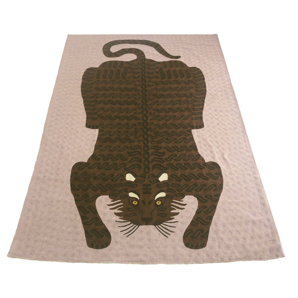 Bengal Tiger Carpet Dusty Pink. Each carpet is made by hand by skilled artisans in Kashmir, the most northern part of India. Using a technique called chainstitch colourful pure wool yarn is stitched by a hook through cotton. Each carpet takes up to two months to complete.   We are stocking these beautiful carpets in a selection of bold colours in very small quantities. This one is a beautiful dusty pink and warm brown.  