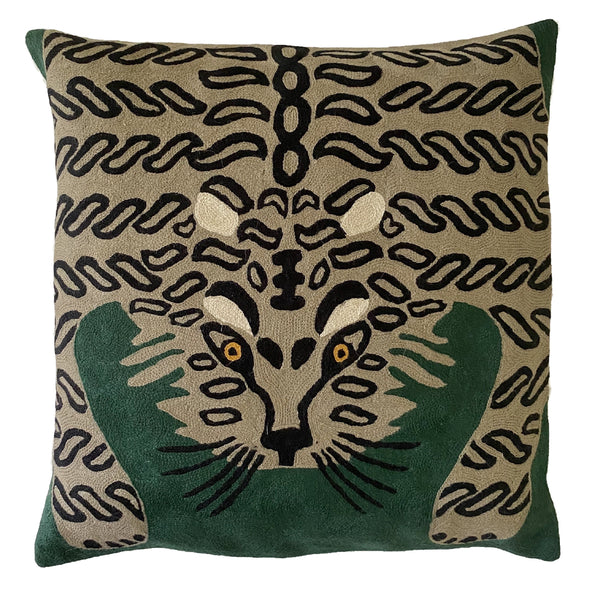 Each cover is made by hand by skilled artisans in Kashmir, the most northern part of India. Using a technique called chainstitch, colourful pure wool yarn is stitched by hook through cotton. Each cover takes up to a week to make.  We are stocking these beautiful cushion covers in a selection of bold colours in very small quantities. This one is a beige tiger on emerald green background.  