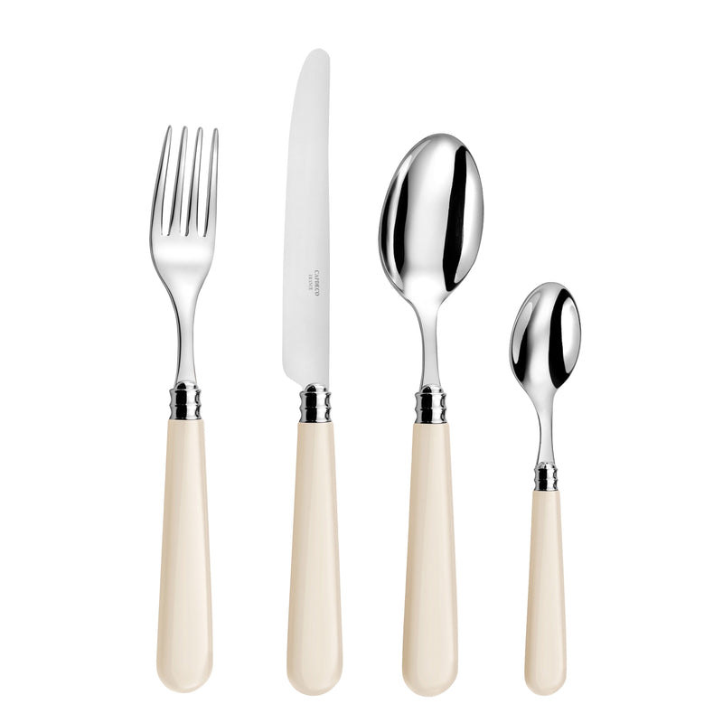 Helios 4 Piece Cutlery Set in Ivory. This elegant 4-piece Cutlery Set in classic ivory is adaptable to pretty much any style of dinner setting, making it an ideal choice for everyday dining. A true classic! Take only one colour or mix and match them with your other tones of tablewares.   The Cutlery has been created by one of the finest French cutlers, a family whose vision is to carry on the cutler tradition and produce cutlery of the very highest quality.