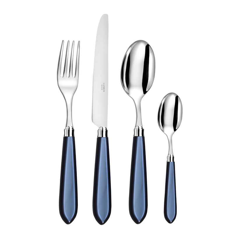 Omega 4 Piece Cutlery Set ~ Sapphire. This elegant 4-piece Cutlery Set in a beautiful classic Sapphire blue with light iridescent finish, is the perfect addition to your dinner table. It is adaptable to pretty much any style of dinner setting, making it an ideal choice for everyday dining. A true classic!  The Cutlery has been created by one of the finest French cutlers, a family whose vision is to carry on the cutler tradition and produce cutlery of the very highest quality.