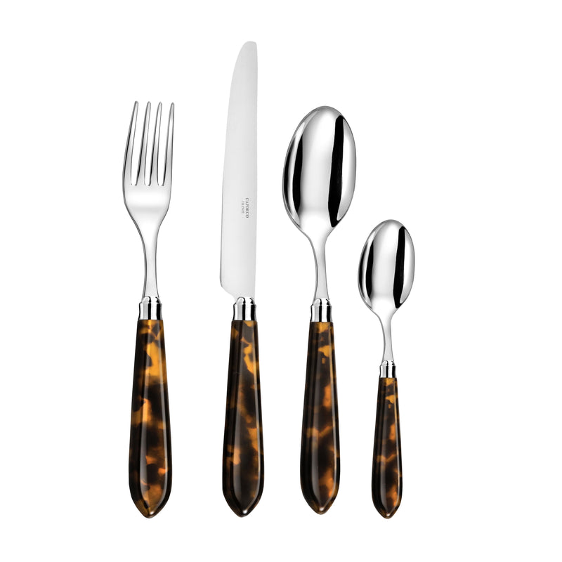 Omega 4 piece cutlery set ~ Tortoiseshell. This elegant 4-piece Cutlery Set in a classic tortoiseshell finish with detailed shades in brown and orange, is the perfect addition to your dinner table. It is adaptable to pretty much any style of dinner setting, making it an ideal choice for everyday dining. A true classic!  The cutlery has been created by one of the finest French cutlers, a family whose vision is to carry on the cutler tradition and produce cutlery of the very highest quality.